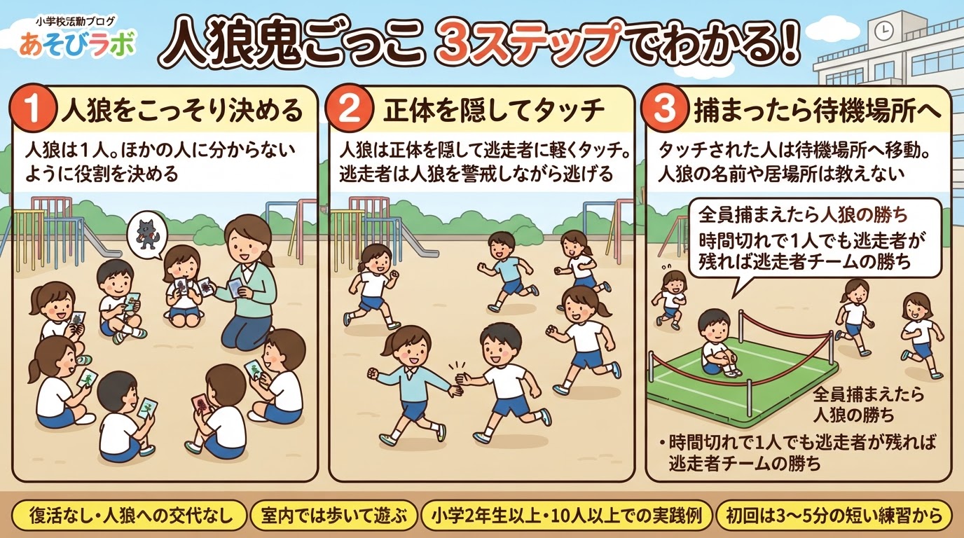 人狼鬼ごっこの遊び方を3ステップで解説した図解