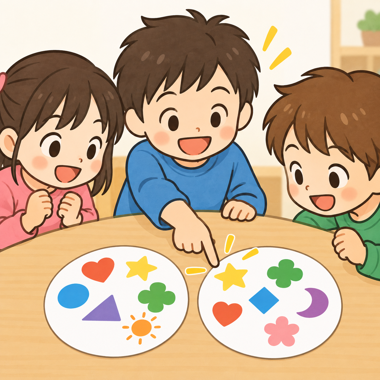 ドブル風カードゲームで絵柄を見比べる子どもたち