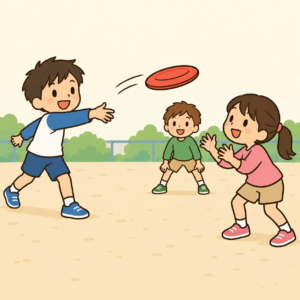 子どもが柔らかいディスクを投げる場面