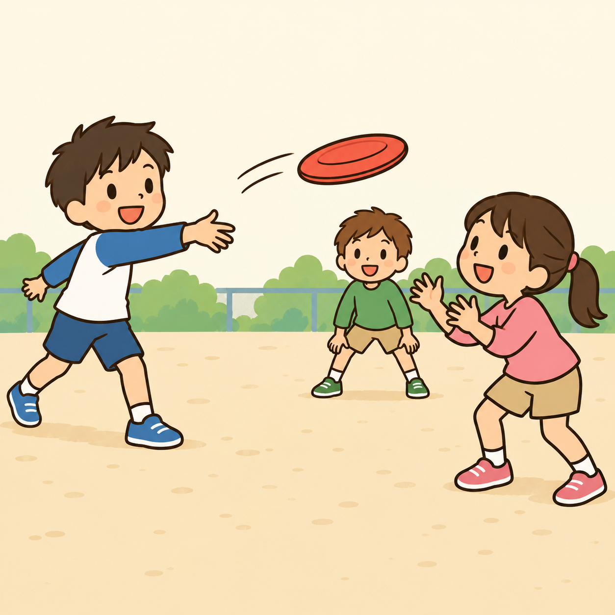 子どもが柔らかいディスクを投げる場面