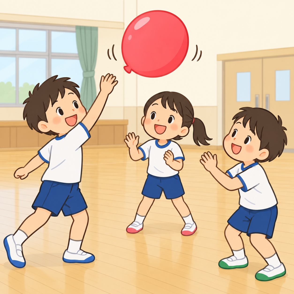 室内で風船をつないで遊ぶ子どもたち