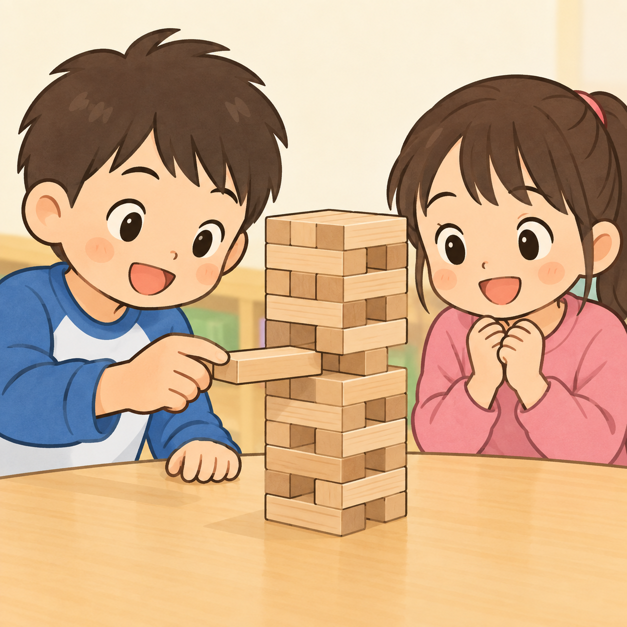 ジェンガのブロックタワーを囲んで遊ぶ子どもたち