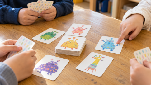 キャラクターカードを見ながら遊ぶ子どもたちの手元