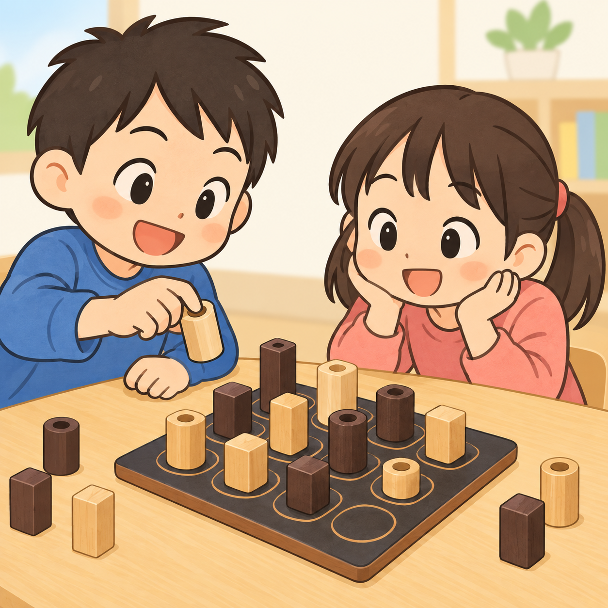 クアルトのボードを挟んで対戦する子どもたち