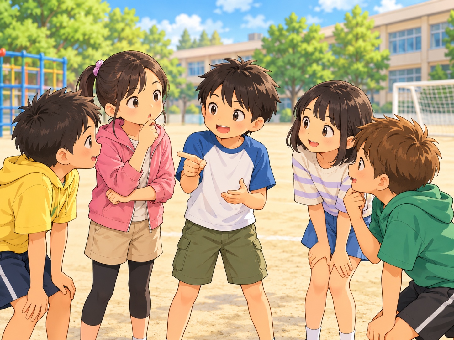 人狼鬼ごっこで輪になって相談する子どもたち