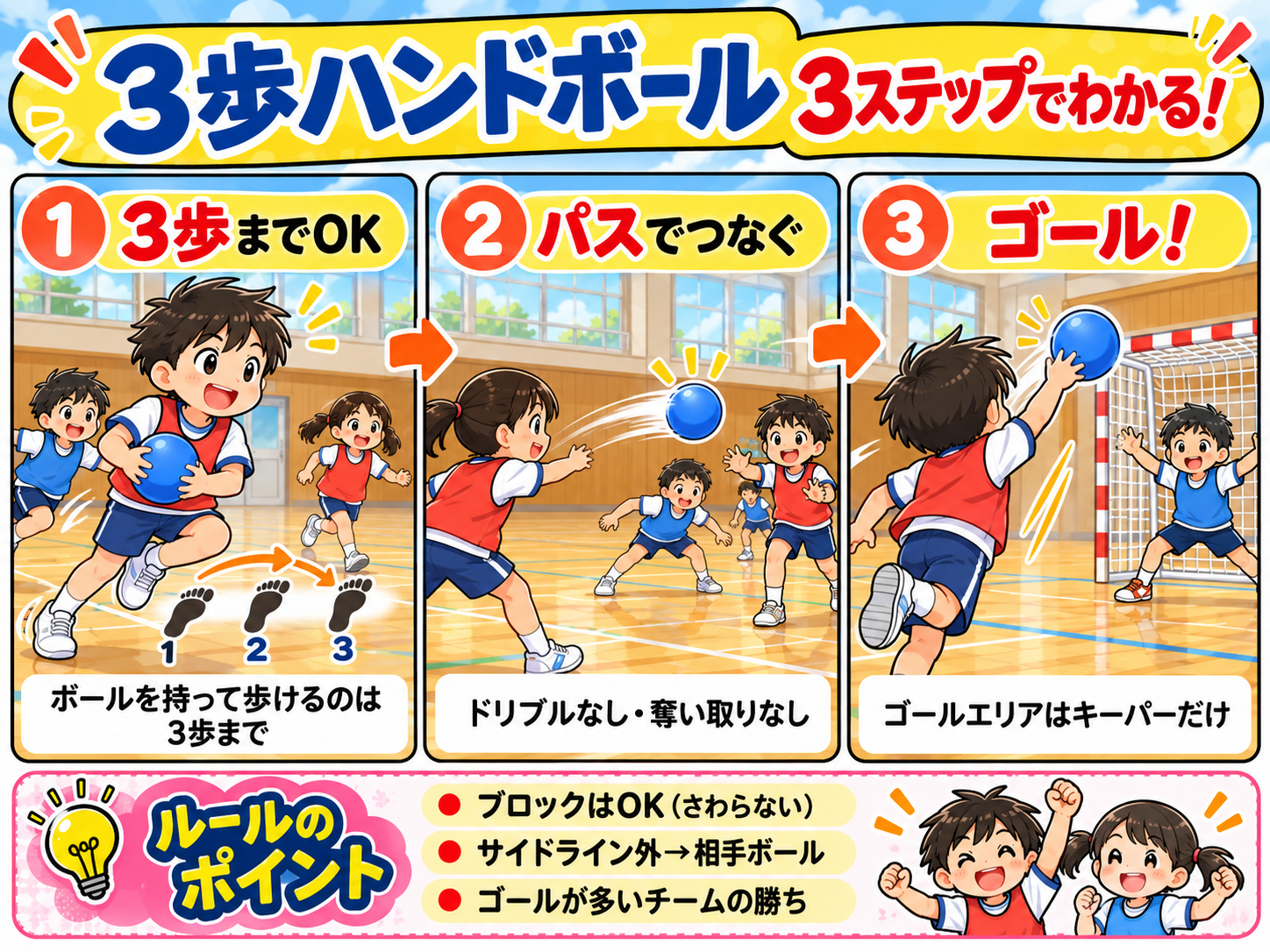 3歩ハンドボールのルールを3ステップで解説した図解