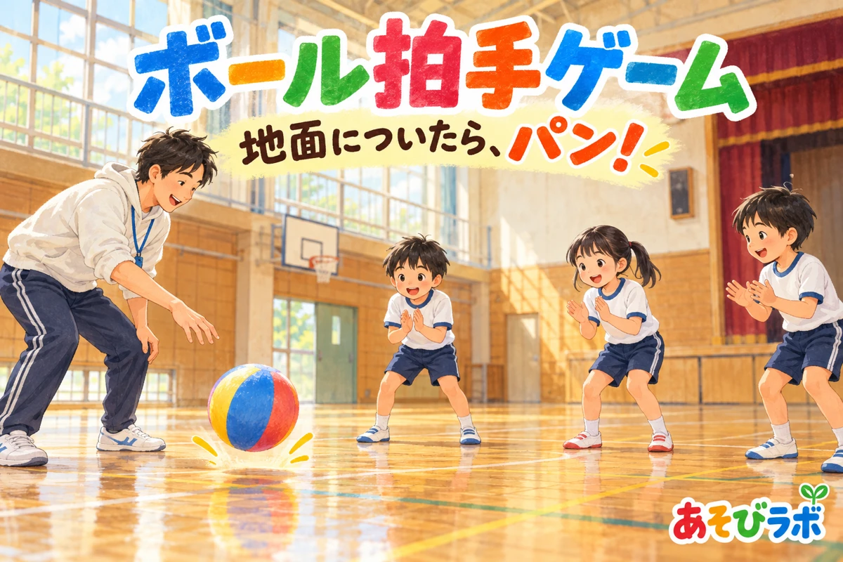 ボール拍手ゲームで地面につくボールを見て拍手をする子どもたちのイラスト