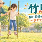 低い足場の竹馬で大人に補助してもらいながら一歩を試す小学生のイラスト
