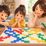 家族でブロックスを遊ぶ様子。カラフルなピースをボードの角でつないでいる