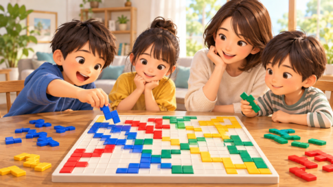家族でブロックスを遊ぶ様子。カラフルなピースをボードの角でつないでいる