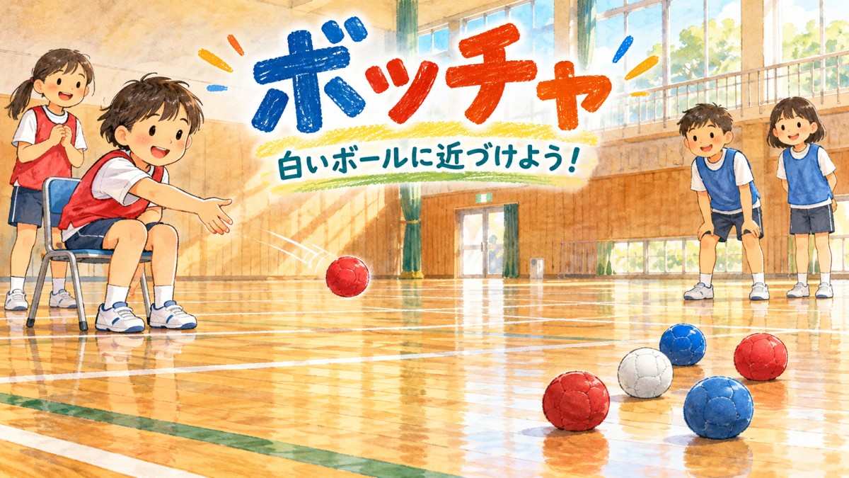 座った子どもが赤いボッチャ球を白い目標球に向けて投げる場面