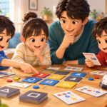 家族で協力してボードゲームのコードタイルを考える様子