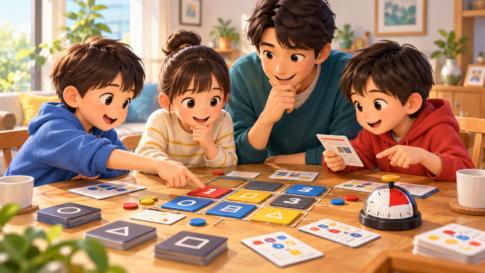 家族で協力してボードゲームのコードタイルを考える様子