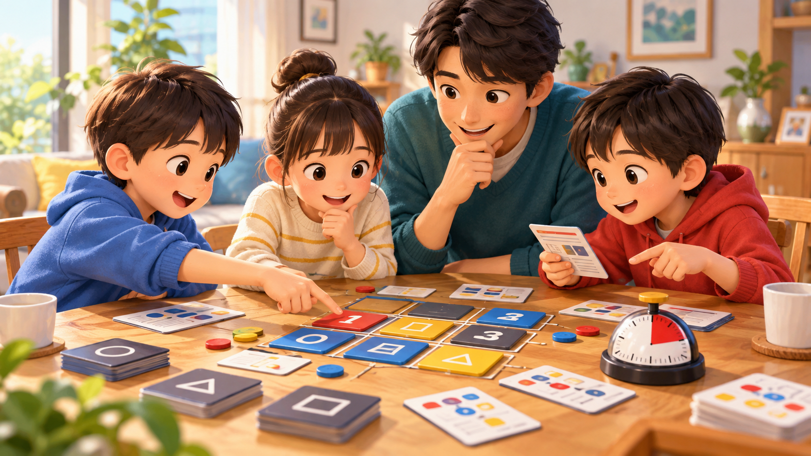 家族で協力してボードゲームのコードタイルを考える様子