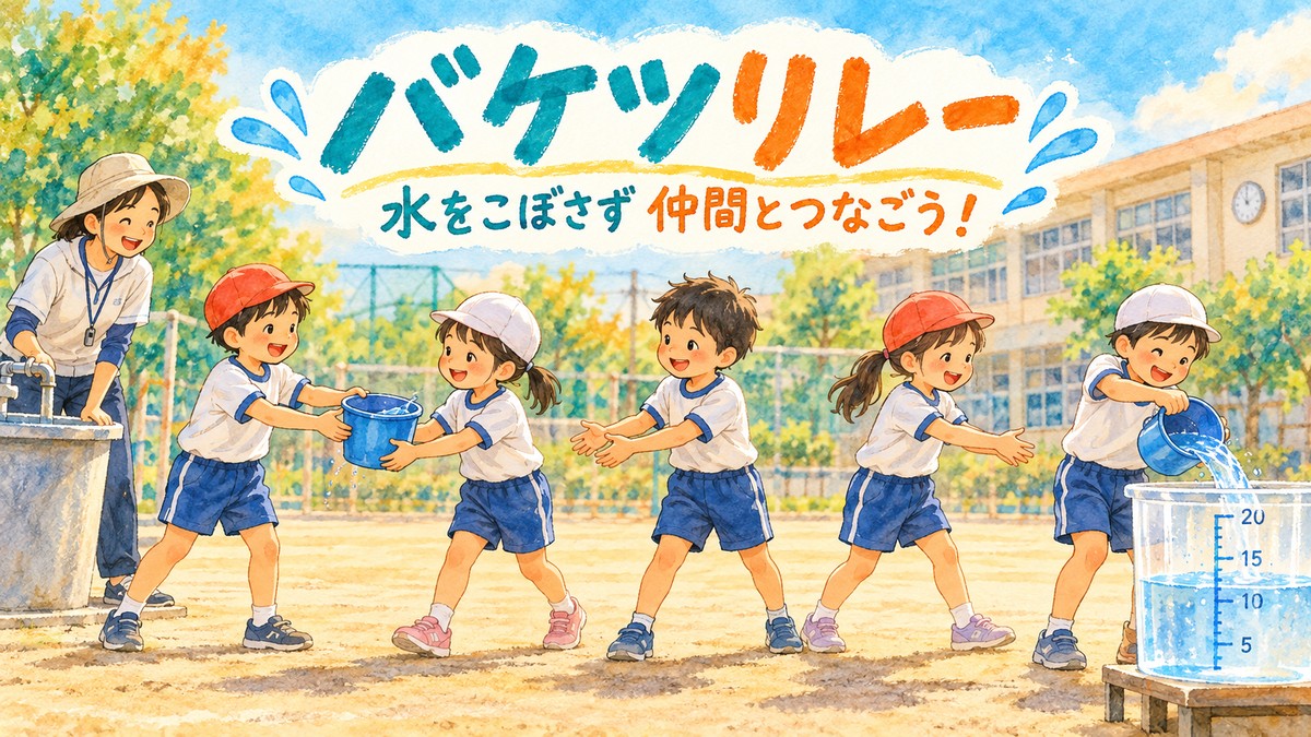 水の入った小さなバケツを隣の仲間へ渡してゴールへつなぐバケツリレーのイラスト