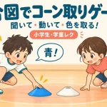 合図でコーン取りゲームで青の合図を聞き、中央の青いコーンを取る子どもたち
