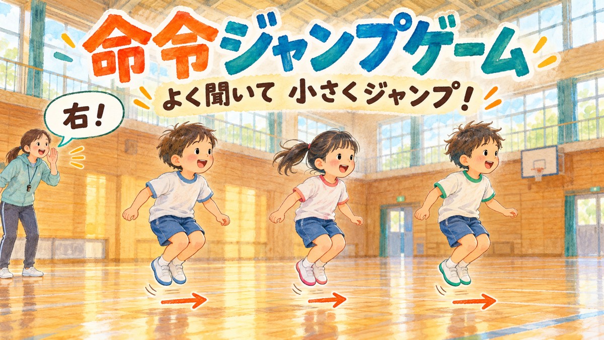 支援員の右という指示を聞き、間隔を空けた3人の子どもが小さくジャンプする場面