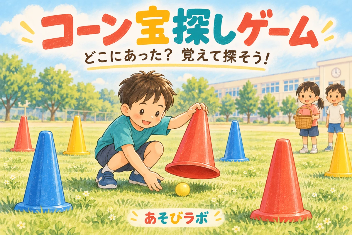 コーン宝探しゲームで、赤いコーンをそっと持ち上げて下の黄色いボールを見つけた子どものイラスト