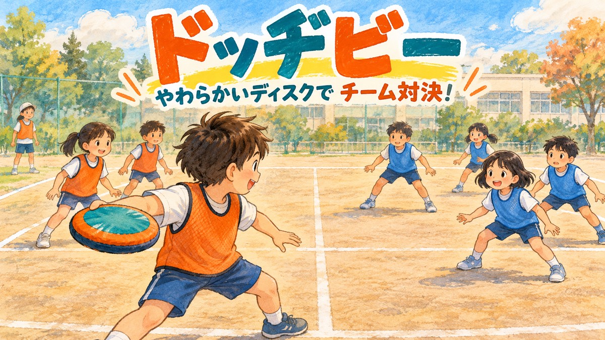 柔らかい布製ディスクを使い二つのチームで対戦するドッヂビーのイラスト