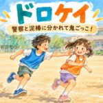 青とオレンジのビブスで警察役と泥棒役に分かれ、運動場でドロケイを楽しむ子どもたち