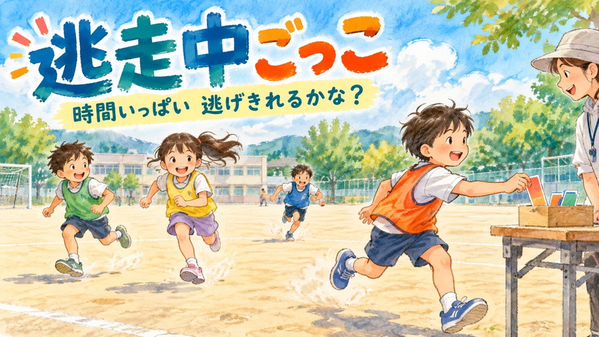 ハンター役から逃げる子どもたちと、職員のいるチェックポイントでカードを受け取る場面