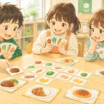 料理の具材カードを並べて遊ぶ小学生たち