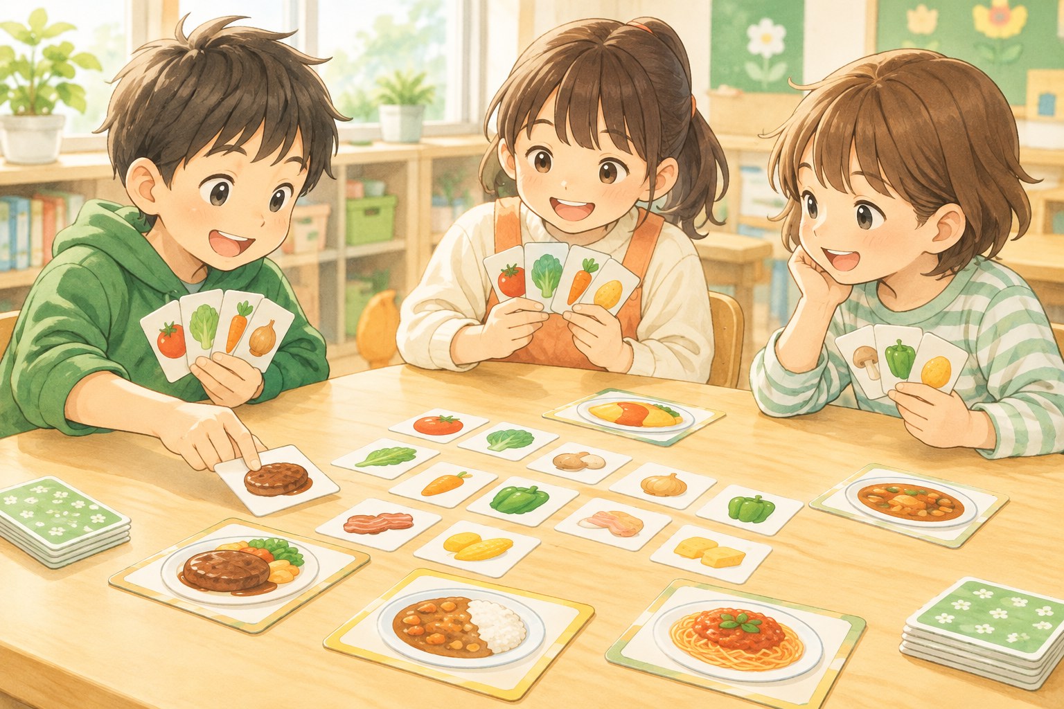 料理の具材カードを並べて遊ぶ小学生たち