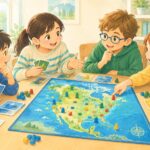 ボードゲームの盤面を囲んで作戦を相談する小学生たち