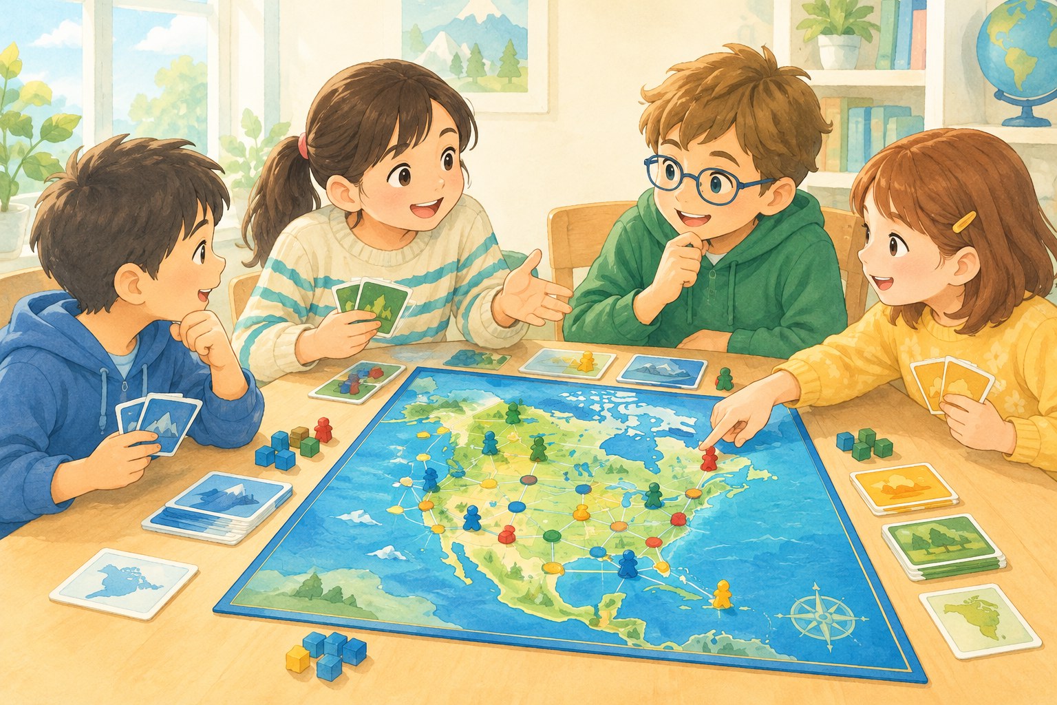 ボードゲームの盤面を囲んで作戦を相談する小学生たち
