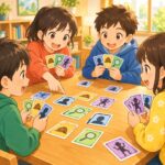 子どもたちが推理カードゲームを囲んで遊ぶ様子