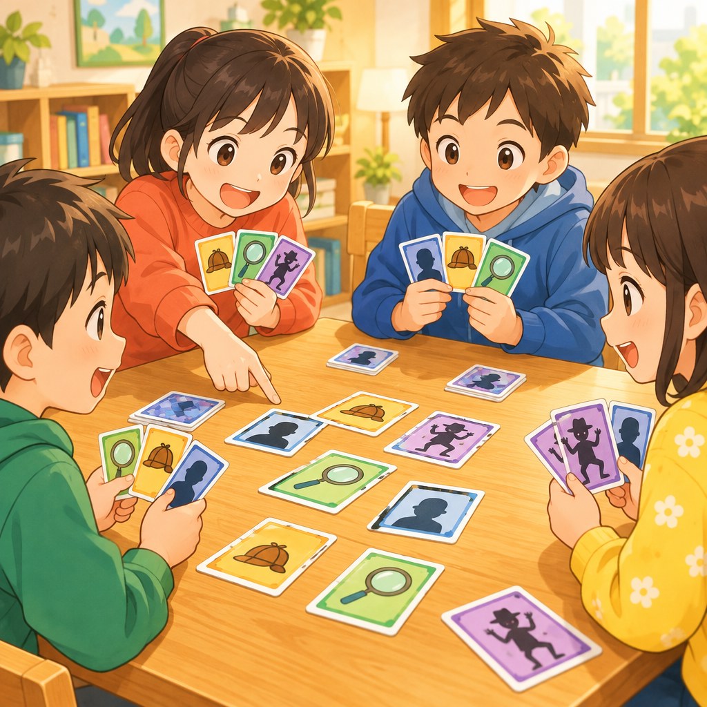 子どもたちが推理カードゲームを囲んで遊ぶ様子
