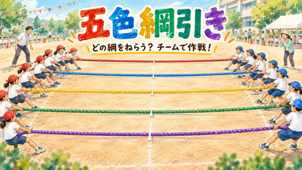赤・青・黄・緑・紫の五本の綱を二つのチームで引き合う五色綱引きのイラスト