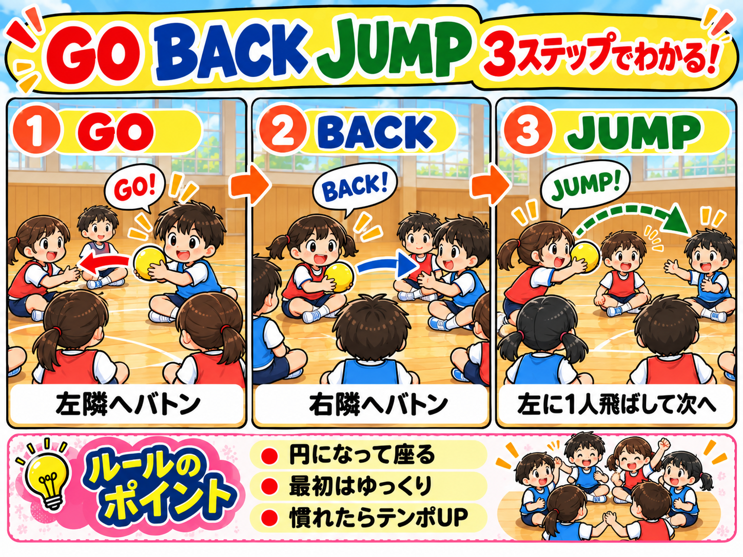 GO BACK JUMPゲームのルールを3ステップで解説した図解