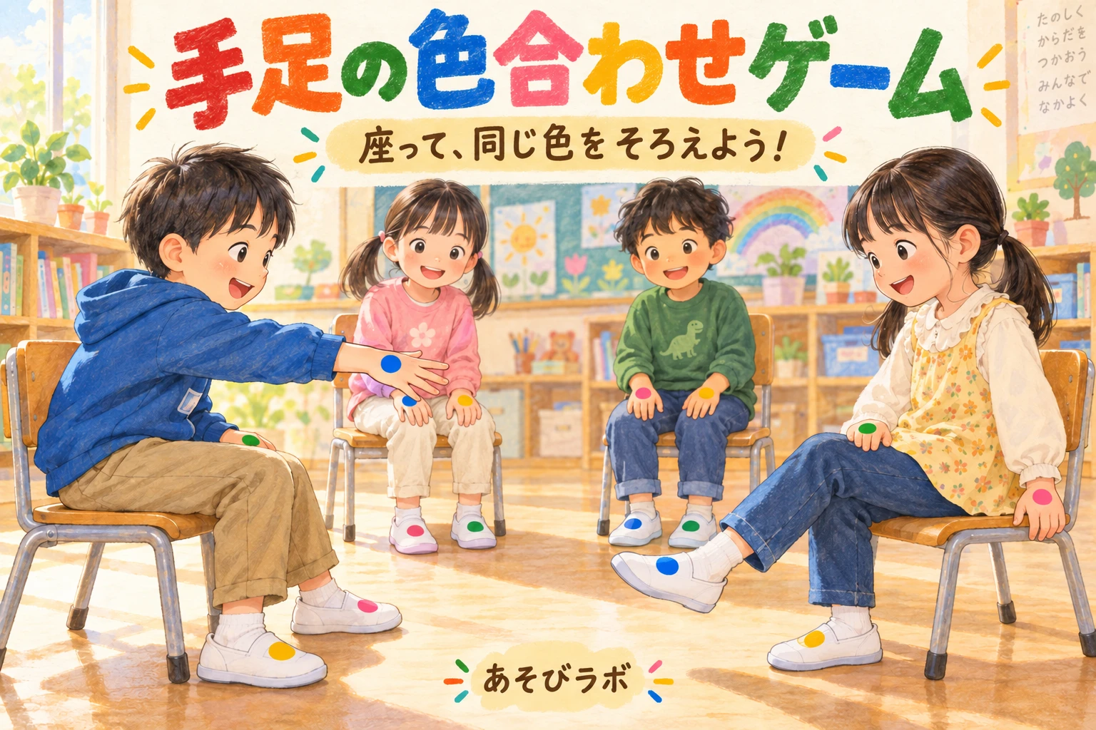 手足の色合わせゲーム。椅子に座った子どもが、青い目印の付いた手と足を中央の方向へ出すイラスト。