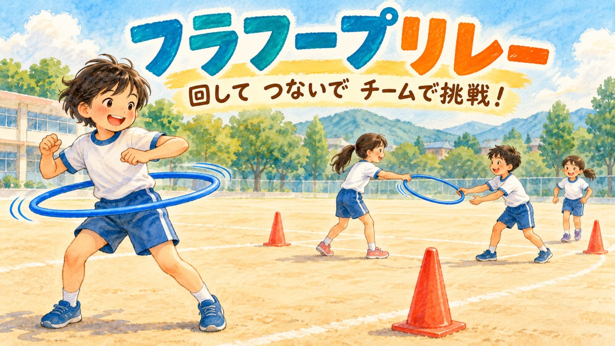 フラフープを腰で回す子と、次の走者にフラフープを手渡す子どもたち