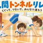 人間トンネルリレー。進む向きに対して横向きに作ったトンネルを、子どもがくぐるイラスト。
