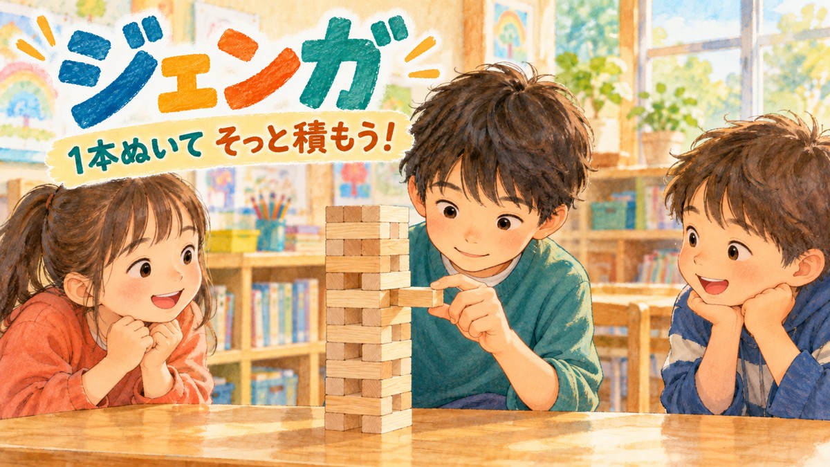 片手で木製タワーからブロックを1本抜き、友達が見守るジェンガの場面