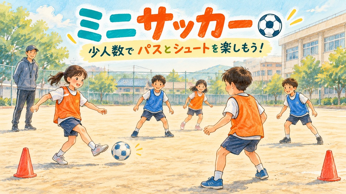 コーンのゴールを使って仲間とパスをつなぐミニサッカーのイラスト