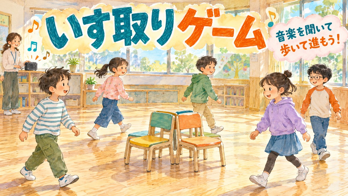 音楽を聞きながら外向きに並べたいすの周りを歩く5人の子ども