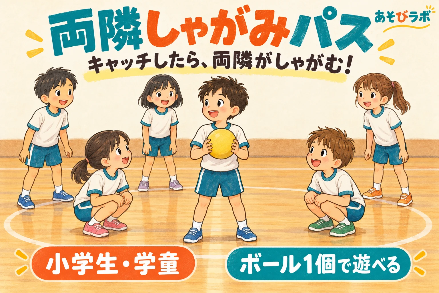 輪になった小学生6人。黄色いボールを持つ子は立ち、その左右の隣の2人がしゃがむ両隣しゃがみパス。