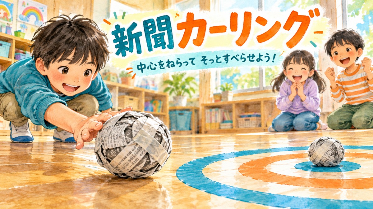 丸めた新聞ボールを床の円形の的に向けて滑らせる新聞カーリング