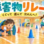トンネルをくぐる子とボールをかごへ運ぶ子が、分かれたコースで挑戦する障害物リレー