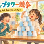 3人の子どもが協力し、紙コップをピラミッドの形に積み上げる場面