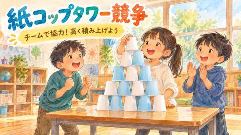 3人の子どもが協力し、紙コップをピラミッドの形に積み上げる場面
