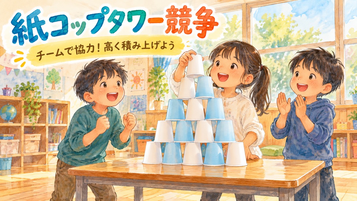 3人の子どもが協力し、紙コップをピラミッドの形に積み上げる場面