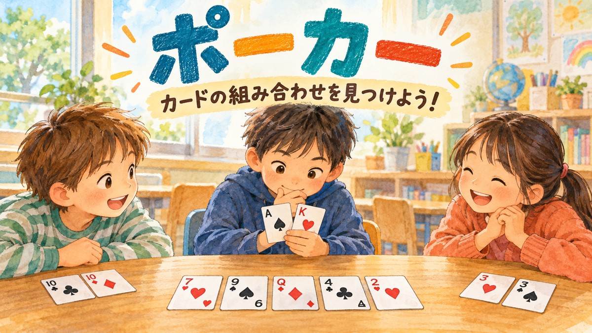 共通カード5枚と手札2枚を見比べ、役を探す子どもたちのポーカー