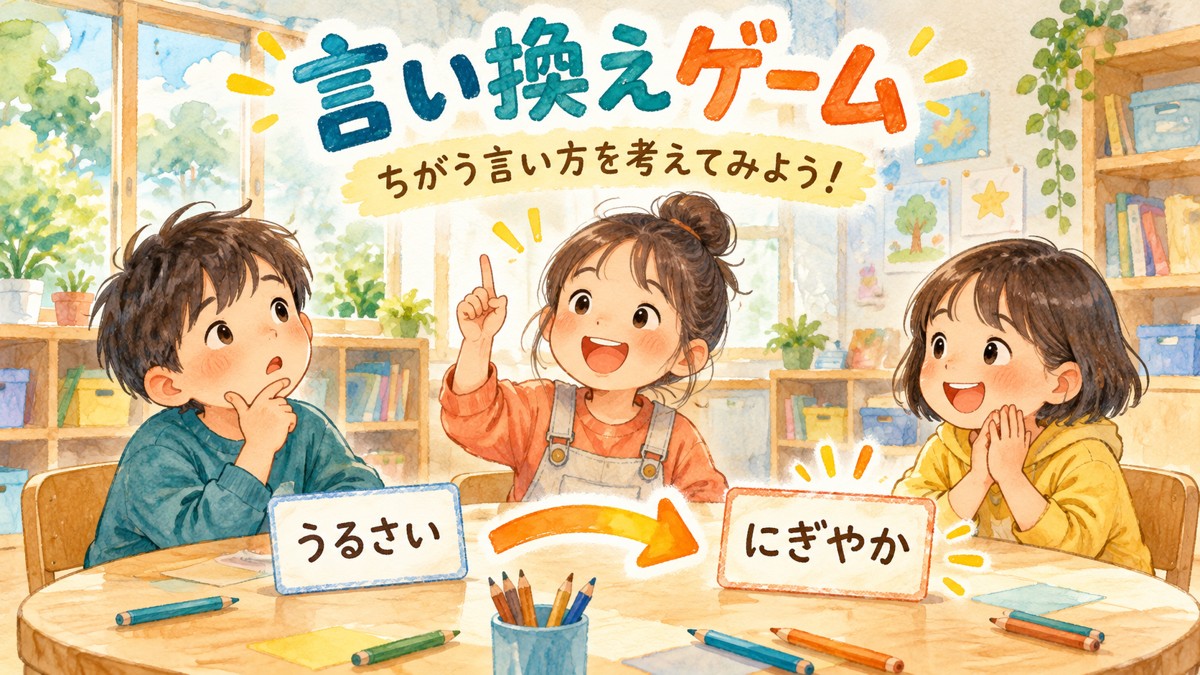 うるさいをにぎやかと言い換えるカードを見ながら話し合う子どもたち
