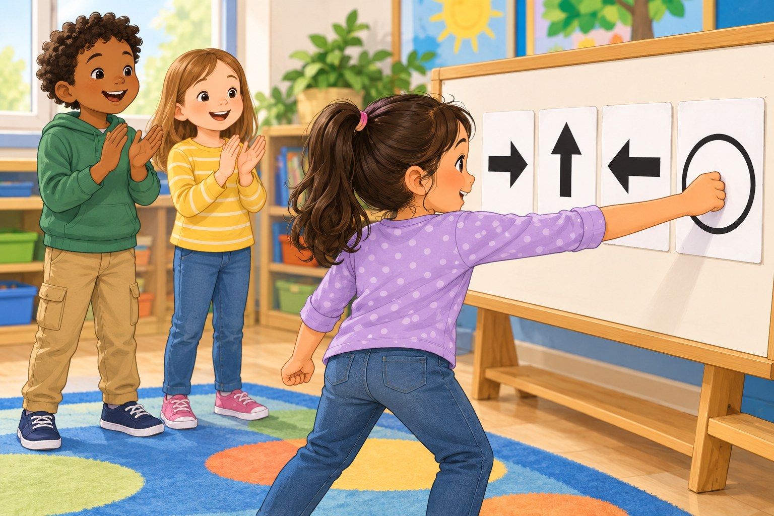 4拍子の手拍子に合わせ、矢印や丸のカードの指示どおりに手を動かす子どもたち
