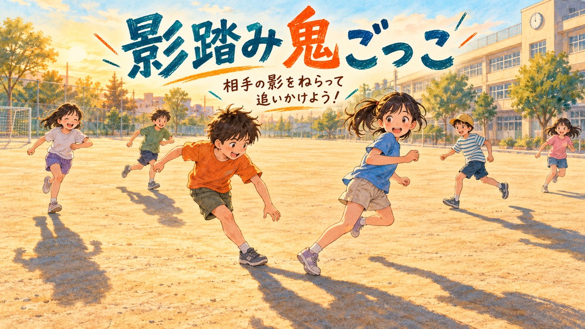 校庭で相手の影をねらって追いかける影踏み鬼ごっこのオリジナルイラスト
