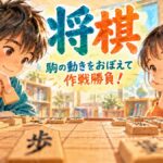 将棋盤を挟んで駒の動きと次の一手を考える二人の子どものオリジナルイラスト